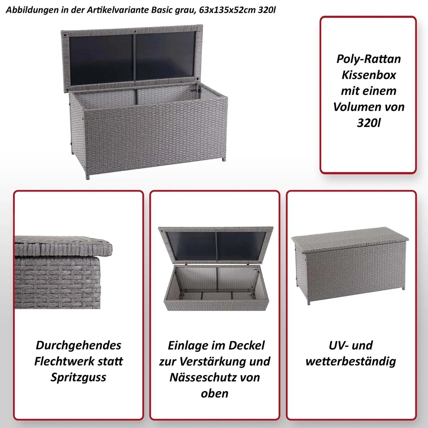 Schwarze Poly-Rattan Kissenbox D88, 170l, Premium. Aufbewahrungsbox für Gartenmöbel.