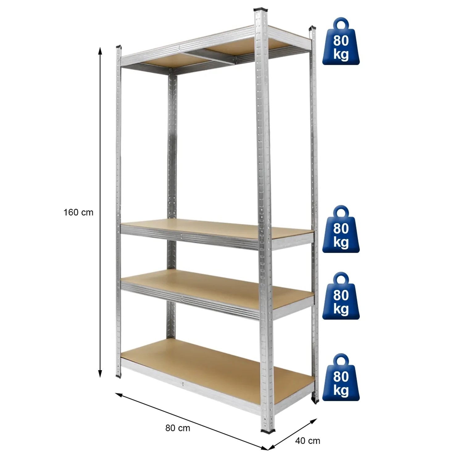 ECD Germany Werkstattregal, 160x80x40cm, verzinkt, mit 4 MDF-Platten. Schwerlastregal für Werkstatt, Keller oder Lager.