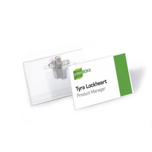 Durable Namensschilder, 50er Pack, transparent, mit Kombiklemme für Bürobedarf.