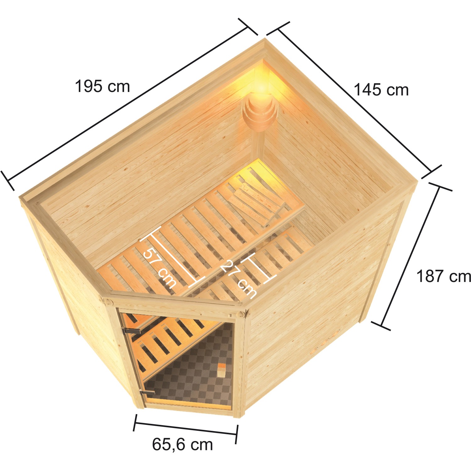 Woodfeeling Sauna Jella mit bronzierter Glastür, 9 kW Ofen und 2 Bänken aus Espenholz.