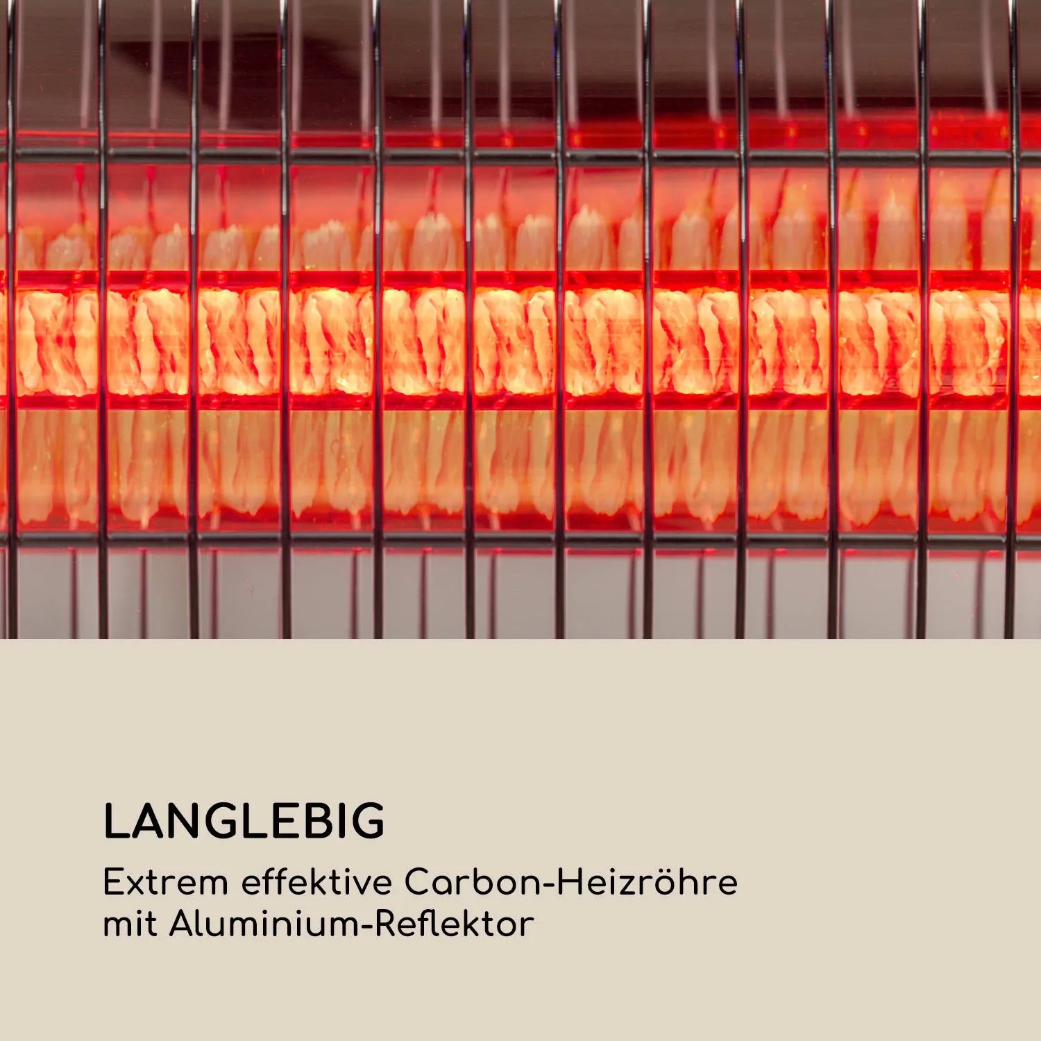 Nahaufnahme der glühenden Carbonröhre des Blumfeldt Dark Wave Heizstrahlers.