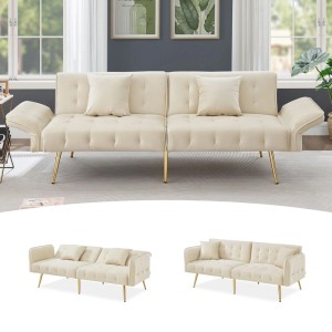 Helles Merax 2-Sitzer Schlafsofa mit cremefarbenem Veloursbezug, verstellbaren Armlehnen und goldenen Metallfüßen im Wohnzimmer.