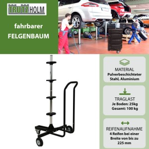 Fahrbarer Felgenbaum TRUTZHOLM mit Schutzhülle für 4 Reifen bis 225mm Breite.
