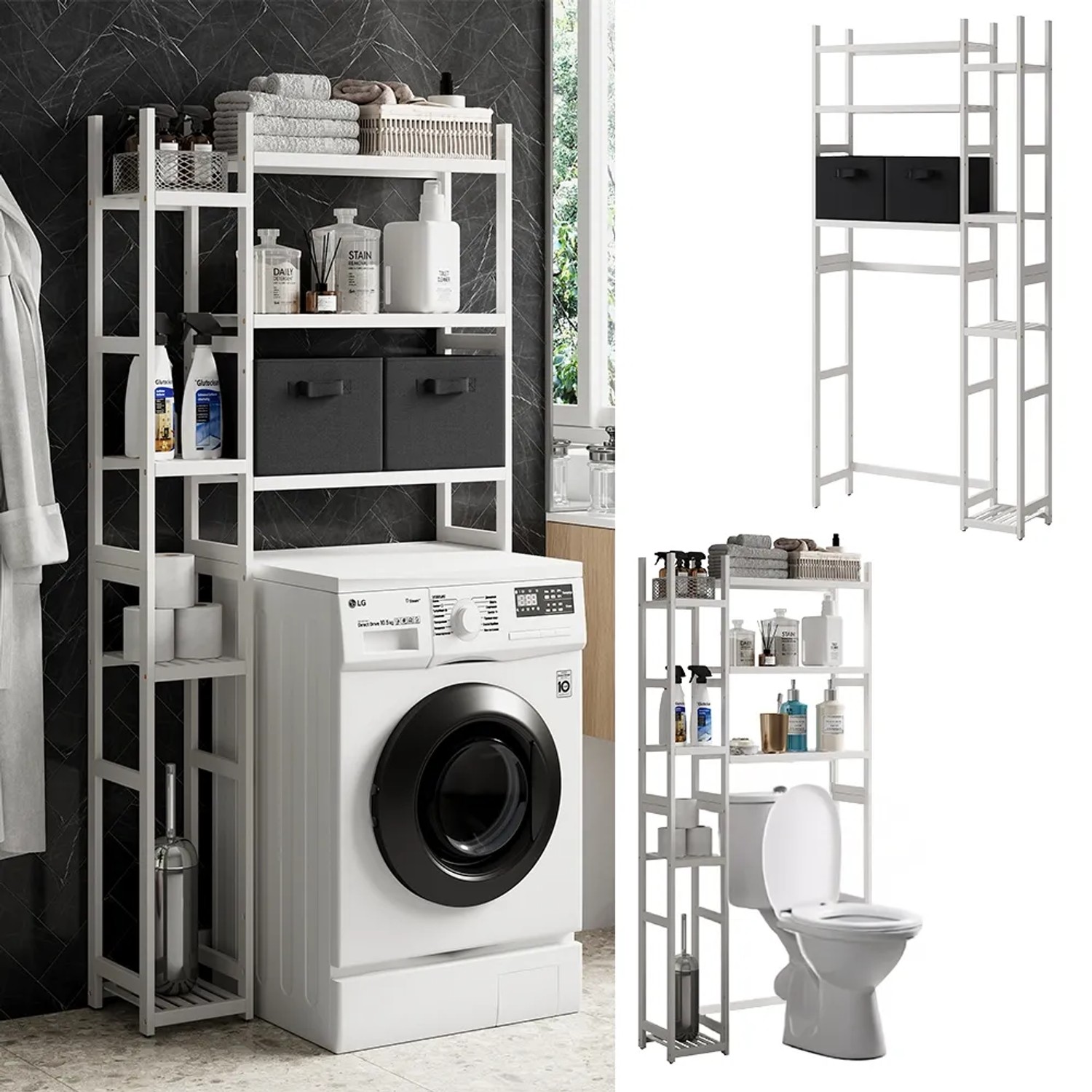 Vicco Toilettenregal Bilbao, weißes Badregal mit 2 Vlies-Schubladen für Badutensilien.