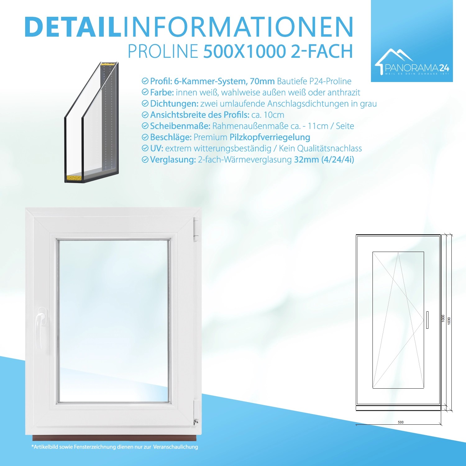 Weißes Framelux Kunststofffenster Proline mit 2-fach Verglasung, 500x1000 mm, Linksanschlag.