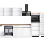 Moderne Küchenzeile Gera 360 cm in Weiß/Wotan mit E-Geräten: Backofen, Kochfeld, Dunstabzugshaube, Geschirrspüler und Kühl-/Gefrierkombination.