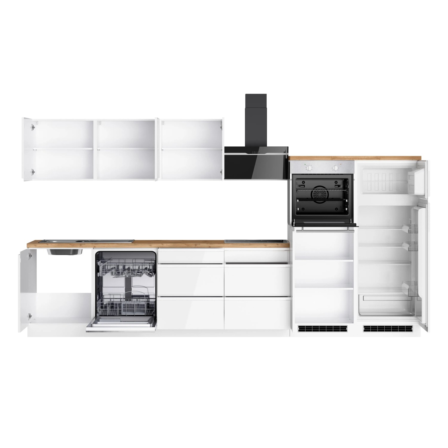 Moderne Küchenzeile Gera 360 cm in Weiß/Wotan mit E-Geräten: Backofen, Kochfeld, Dunstabzugshaube, Geschirrspüler und Kühl-/Gefrierkombination.