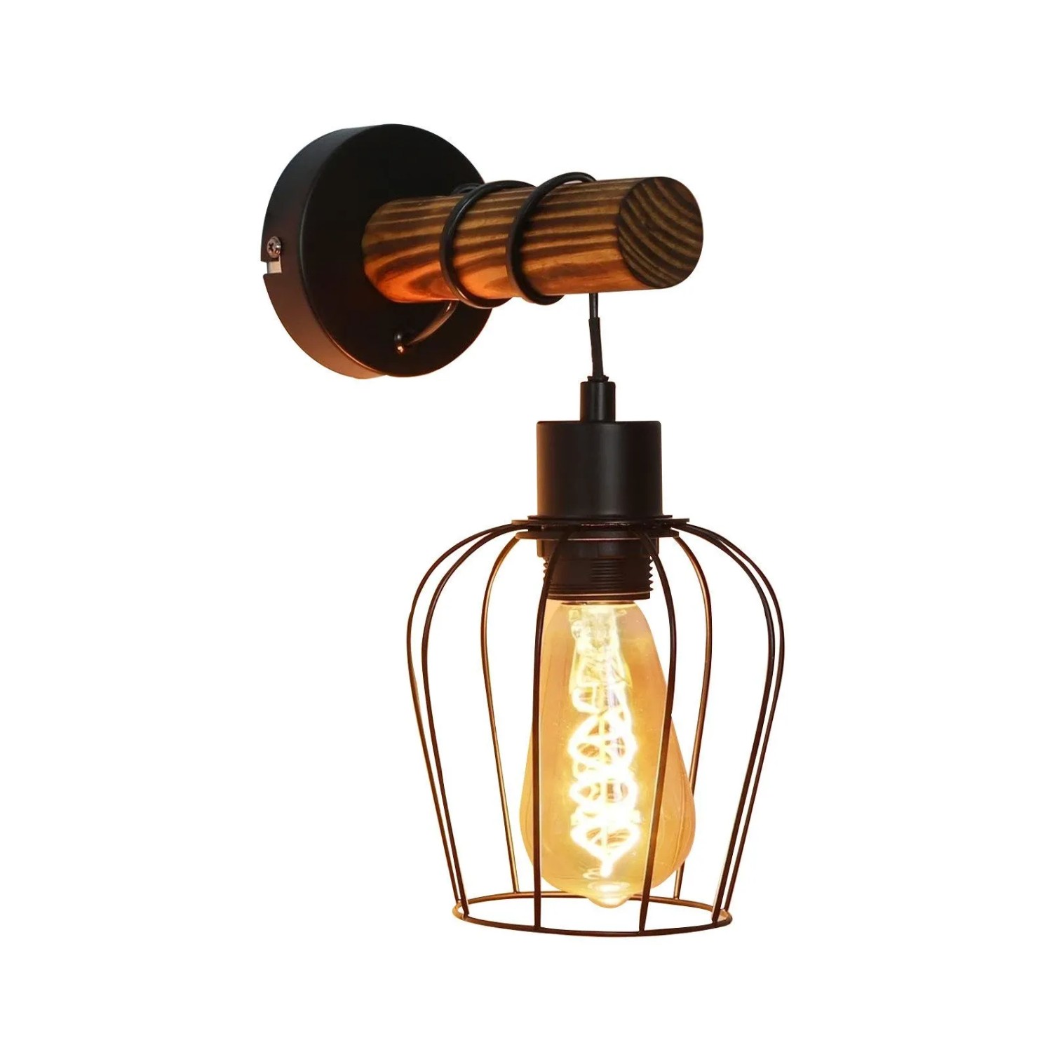 NETTLIFE Vintage Retro Holz Innen Wandleuchte mit Schalter Industrie Design E27 Schwarz Wandstrahler mit Metall