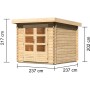 Karibu Holz-Gartenhaus Ängelholm, unbehandelt, mit Pultdach und Maßangaben.