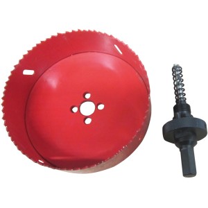 Roter Bohrer DN 100 mit Aufnahmeschaft für Lochsägen.