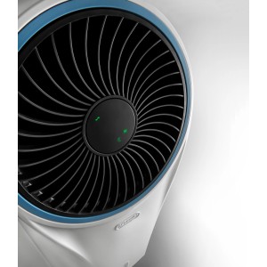 Weißer DeLonghi Ventilatorkühler EV250 mit Ionisator, Detailansicht des Ventilatorgitters.