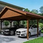 Satteldach-Carport Wallgau in Nussbaum mit roten Schindeln für zwei PKW.