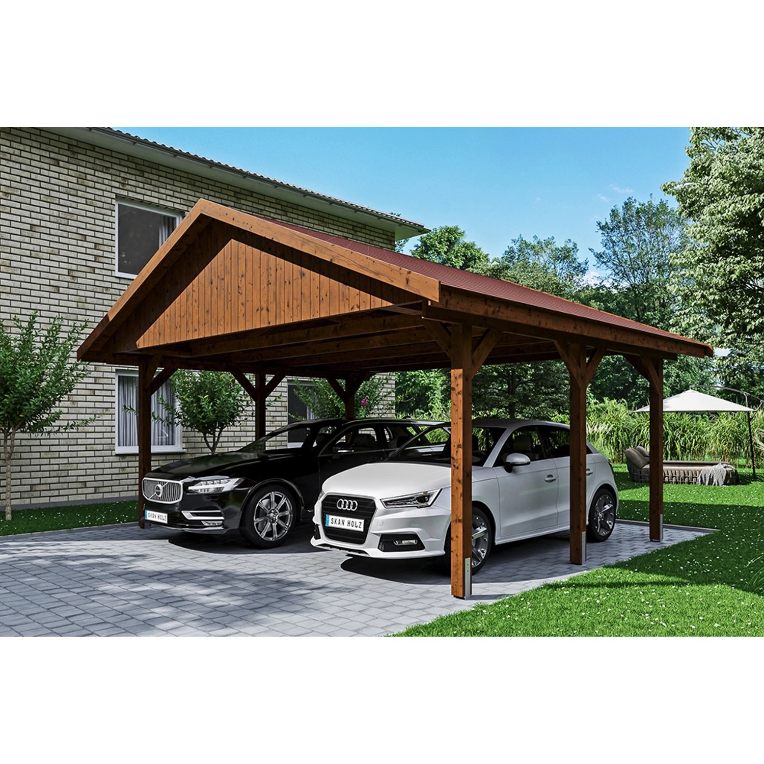 Satteldach-Carport Wallgau 620 x 500 cm Nussbaum rote Schindeln