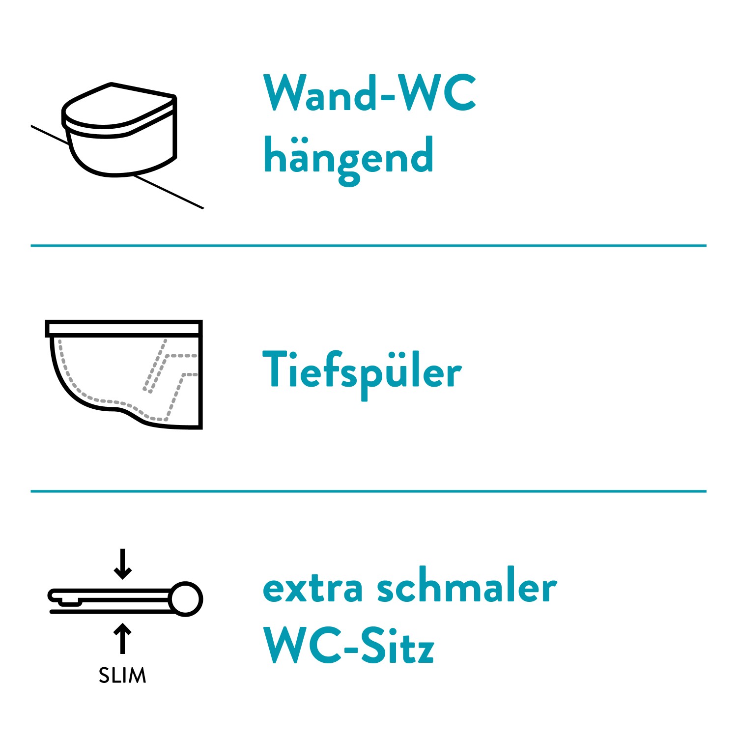 Piktogramme: Wand-WC, Tiefspüler und extra schmaler WC-Sitz des baliv Wand WC-Sets Mansfield.
