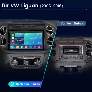 Junsun Autoradio für VW Tiguan (2006-2016): Vorher/Nachher-Vergleich mit modernem Touchscreen und CarPlay.