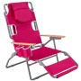 Pinker faltbarer Liegestuhl mit Kopfkissen, Holzarmlehnen und Getränkehaltern. Ideal für Strand & Garten.