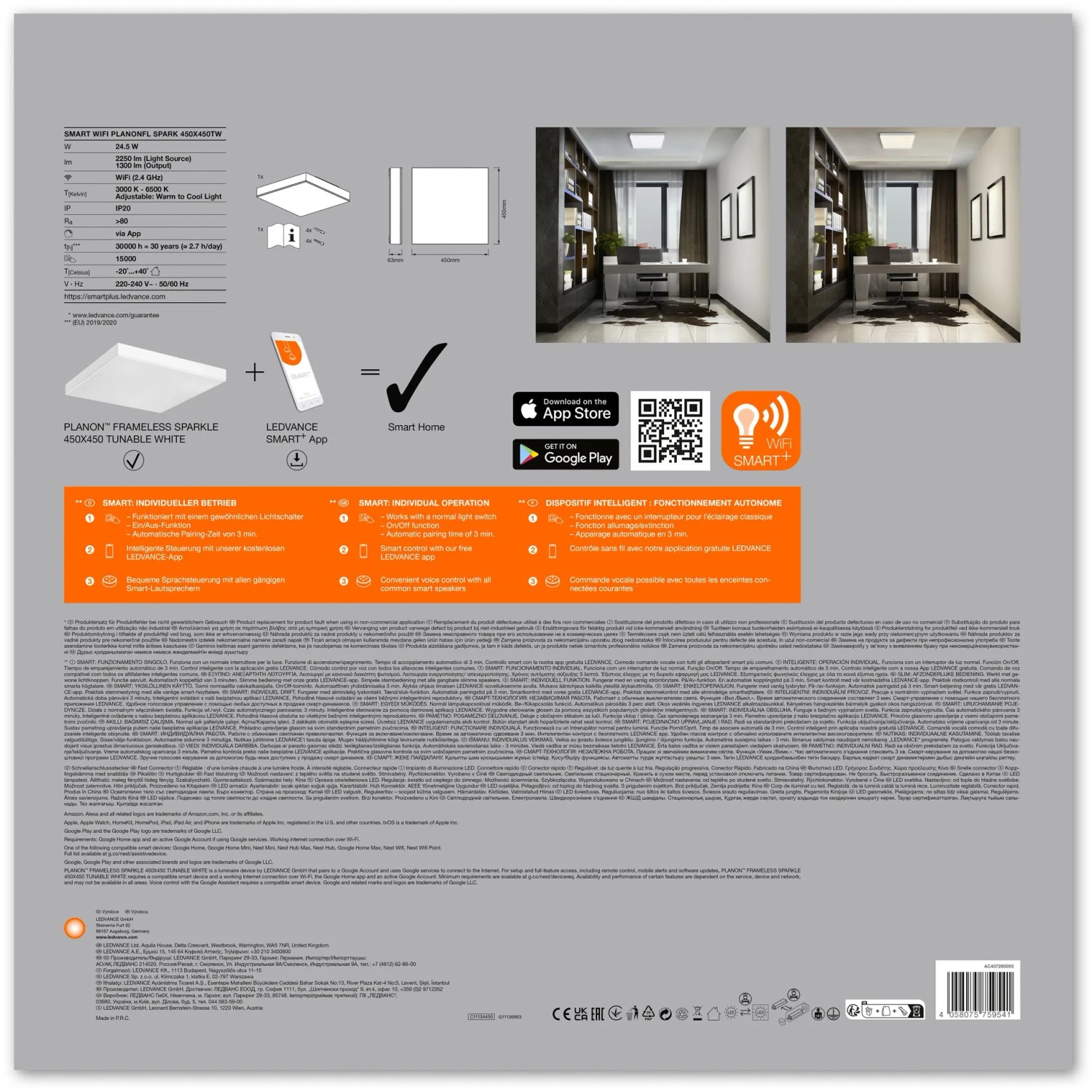 Ledvance Smart+ WiFi Panelleuchte Planon, rahmenlos, tunable white, 45x45 cm. Intelligente Deckenleuchte mit Funkel-Effekt.