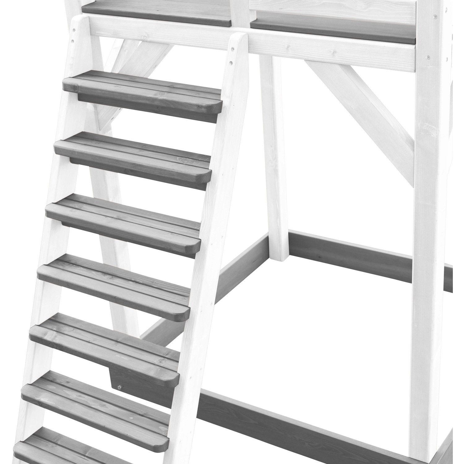Detailaufnahme: Leiter des grauen Axi Beach Tower Spielturms mit Klettergerüst.