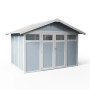 Grosfillex Kunststoff-Gartenhaus Utility 7,5 in Graublau mit Doppeltür und Fenster.