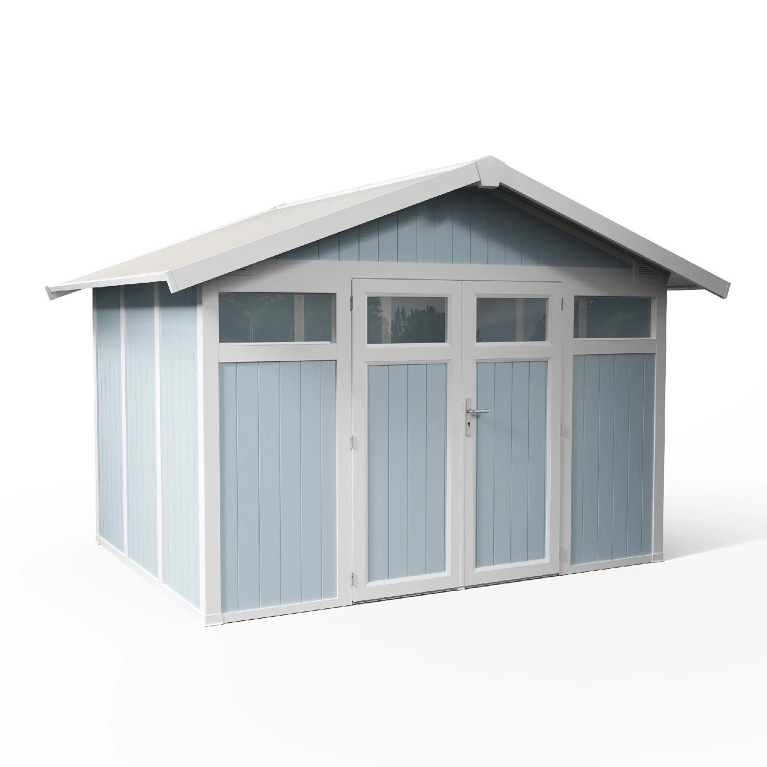 Grosfillex Kunststoff-Gartenhaus Utility 7,5 in Graublau mit Doppeltür und Fenster.