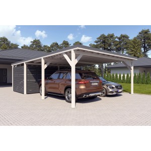 Doppelcarport Ralf mit Geräteraum in Reinweiß und Dunkelgrau mit zwei parkenden Autos.