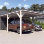 Doppelcarport Ralf mit Geräteraum in Reinweiß und Dunkelgrau mit zwei parkenden Autos.