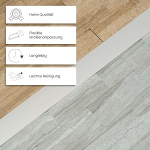 Silbernes Dalsys Übergangsprofil flach (180cm) zwischen zwei Bodenbelägen.