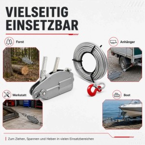 Wiltec Seilzug 800kg mit 20m Stahlseil und rotem Haken, vielseitig für Forst, Werkstatt, Anhänger, Boote.