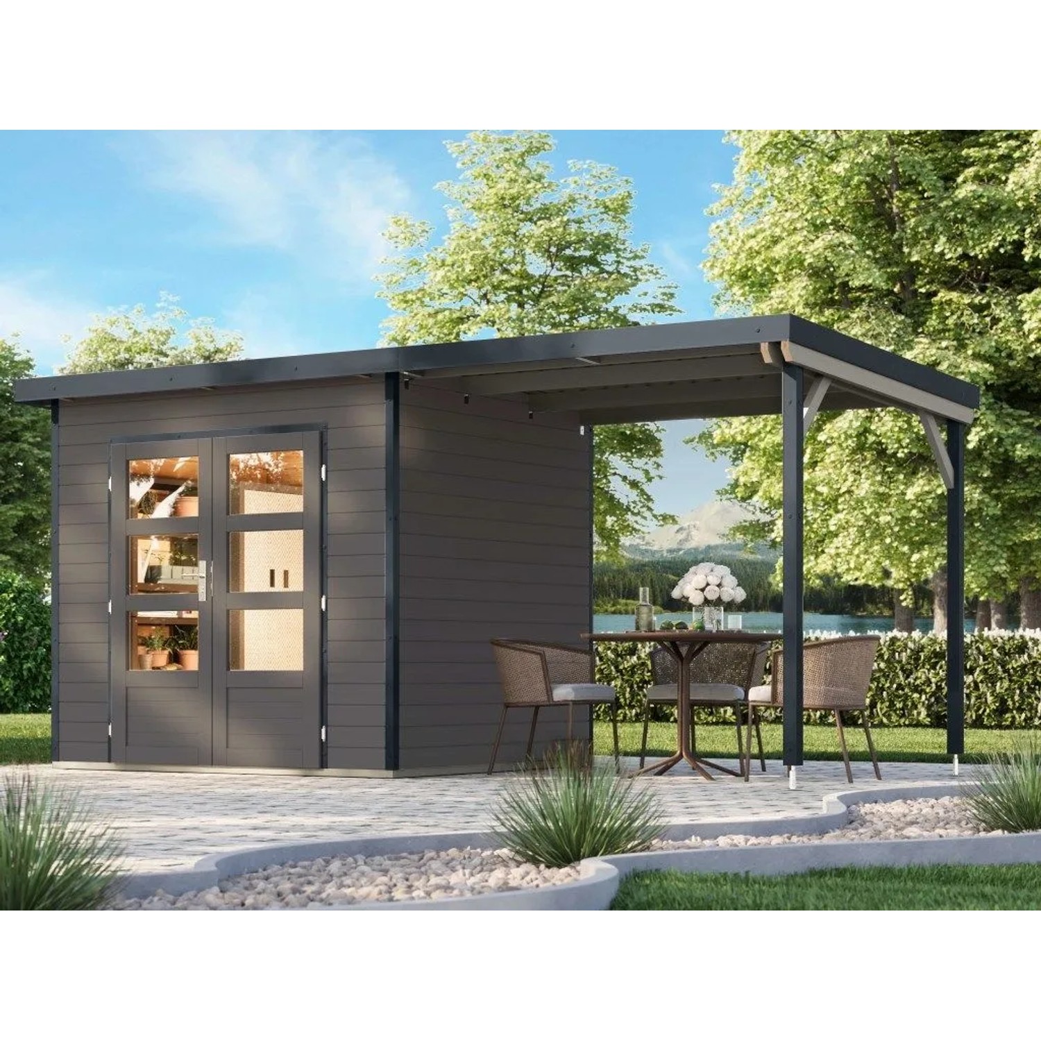 Karibu Gartenhaus Plutus 2 Zoll 28 mm Wandstärke inkl. Anbaudach Grau