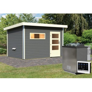 Terragraues Karibu Saunahaus Hendrik 2 mit Bio-Ofen, externer Steuerung und heller Tür im Garten.