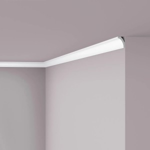 Weiße NOEL & MARQUET Eckleiste WT8 WALLSTYL (200cm) als Zierleiste an Wand und Decke.