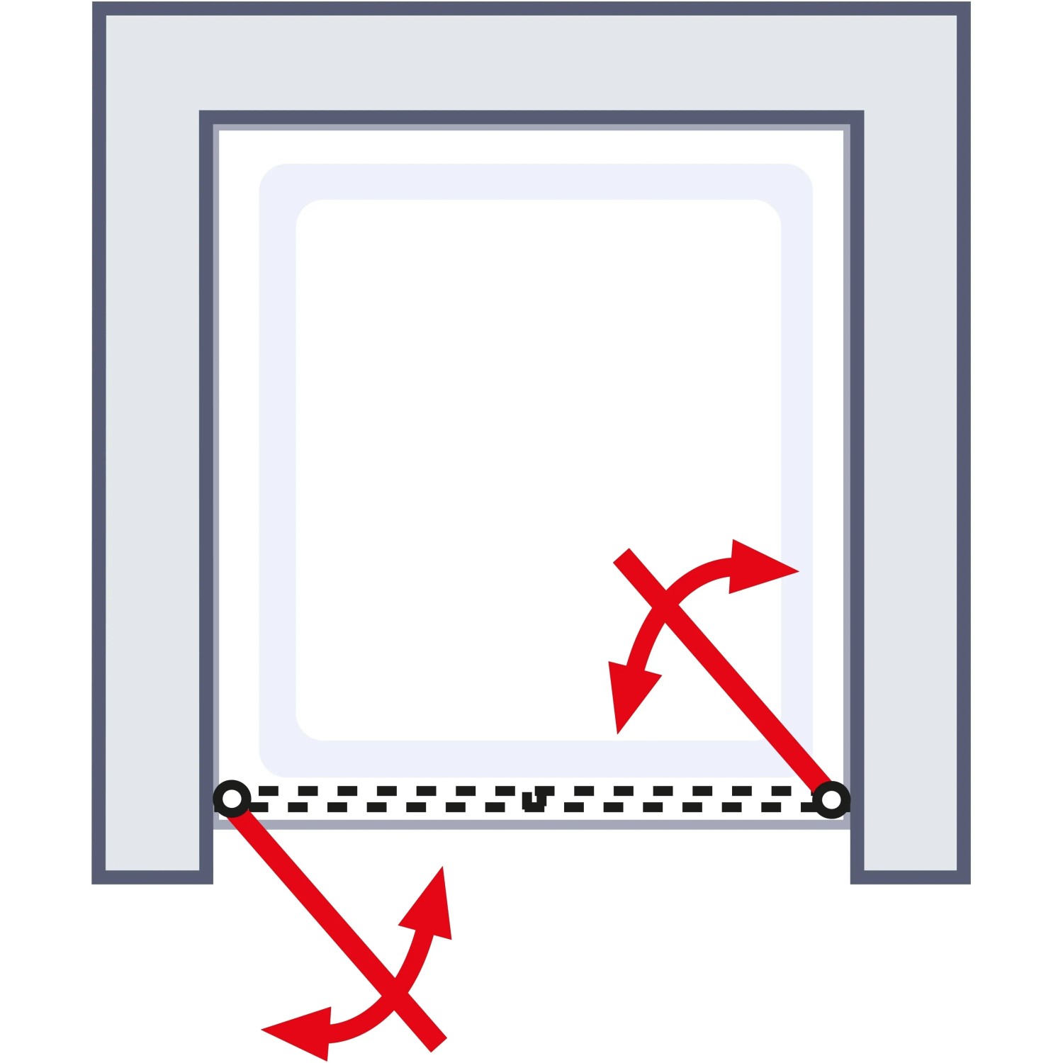 Skizze einer Schulte ExpressPlus Pendeltür in Nische, die die Öffnungsrichtung der Duschtür zeigt.
