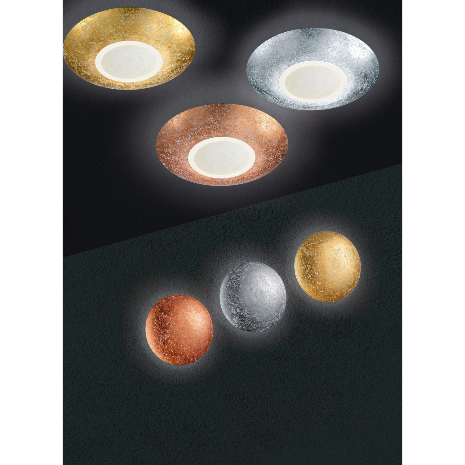Trio LED-Deckenleuchte Chiros in Gold-, Silber- und Kupferfarben.