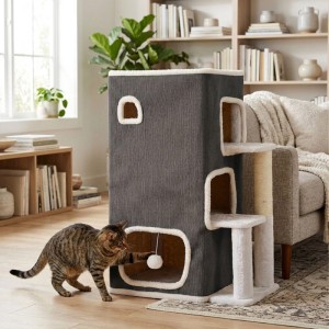 Graues Katzenhaus mit 3 Etagen, gemütlichen Höhlen, Kratzstamm und Spielball. Eine Katze spielt am Eingang.