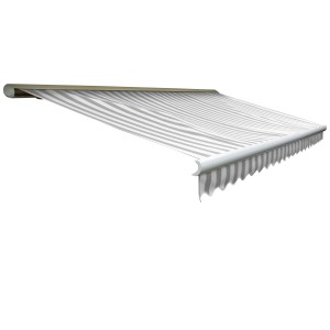 MCW Kassetten-Markise 5x3m, grau/weiß gestreift mit Volant. Vollkassettenmarkise mit Motor.