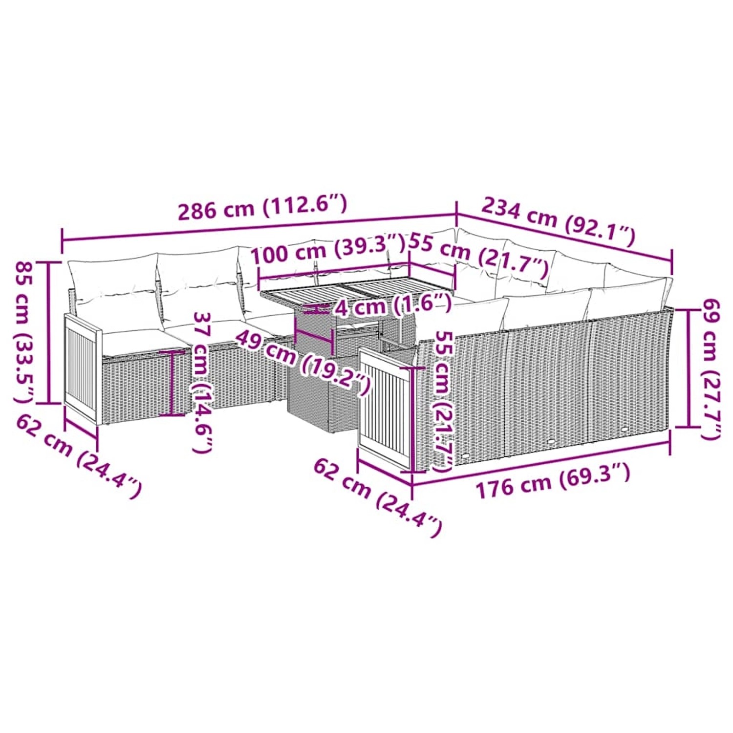 vidaXL 11-tlg. Garten-Sofagarnitur, grau, Poly Rattan, Akazie, mit Maßangaben.