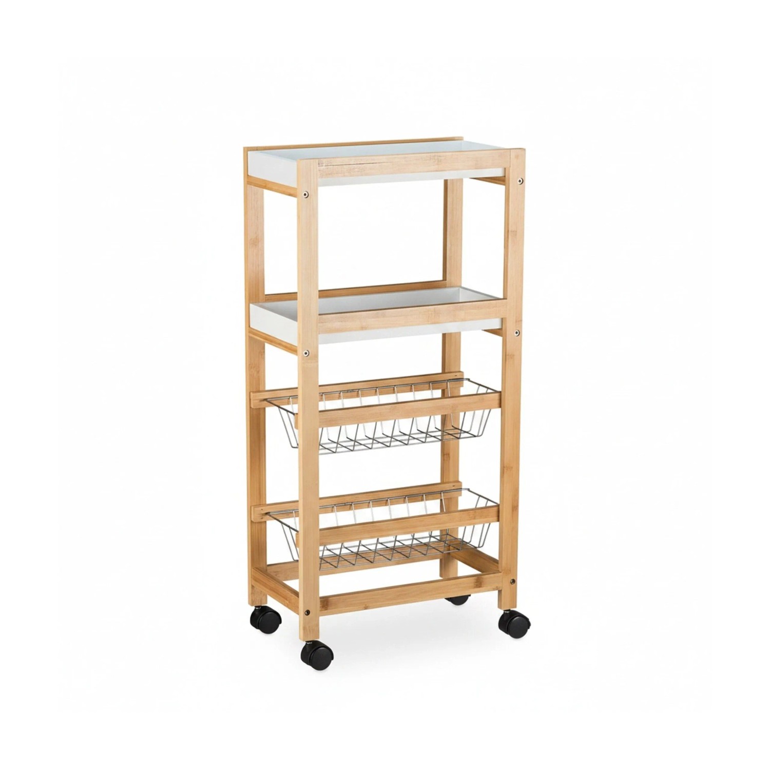Relaxdays Nischenwagen 4 Ebenen Bambus MDF Eisen Natur Weiß Silber Rollbar 83 cm x 22 cm x 40 cm 4 kg