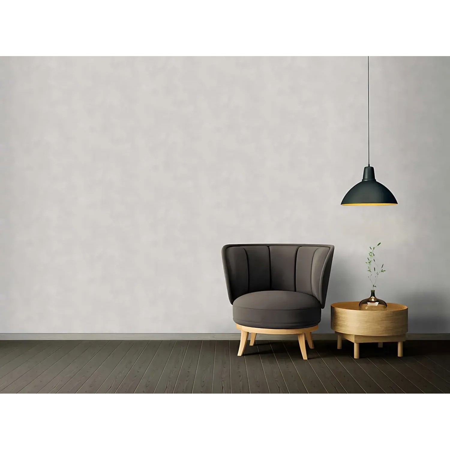 PROFHOME Uni Tapete in Silber-Matt (0,53x10,05m) an Wand mit Sessel und Lampe.