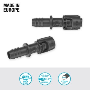 Gardena Universalverbinder 13 mm für Micro-Drip-Systeme, zwei schwarze Kunststoffverbinder.