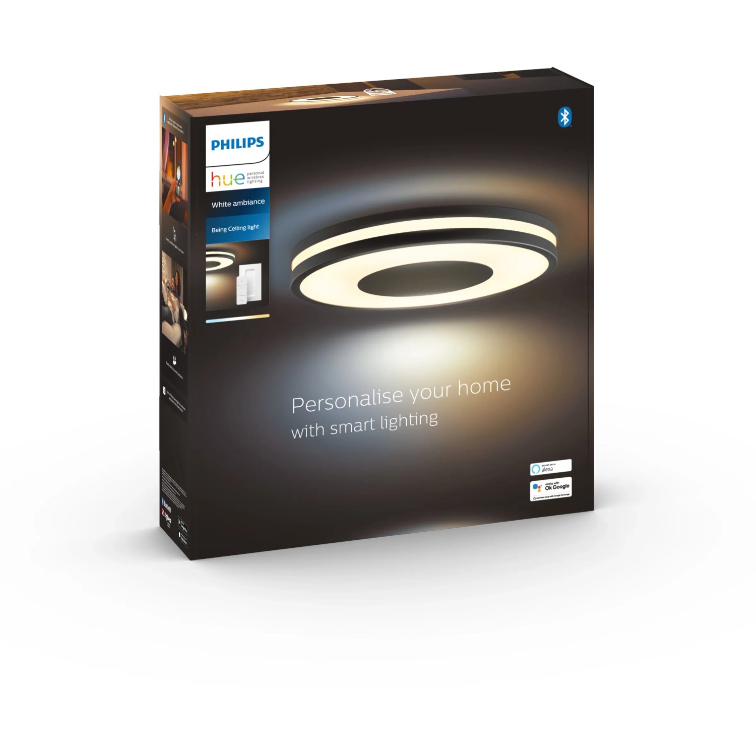 Verpackung der Philips Hue Deckenleuchte White Ambiance Being Schwarz mit Dimmer.