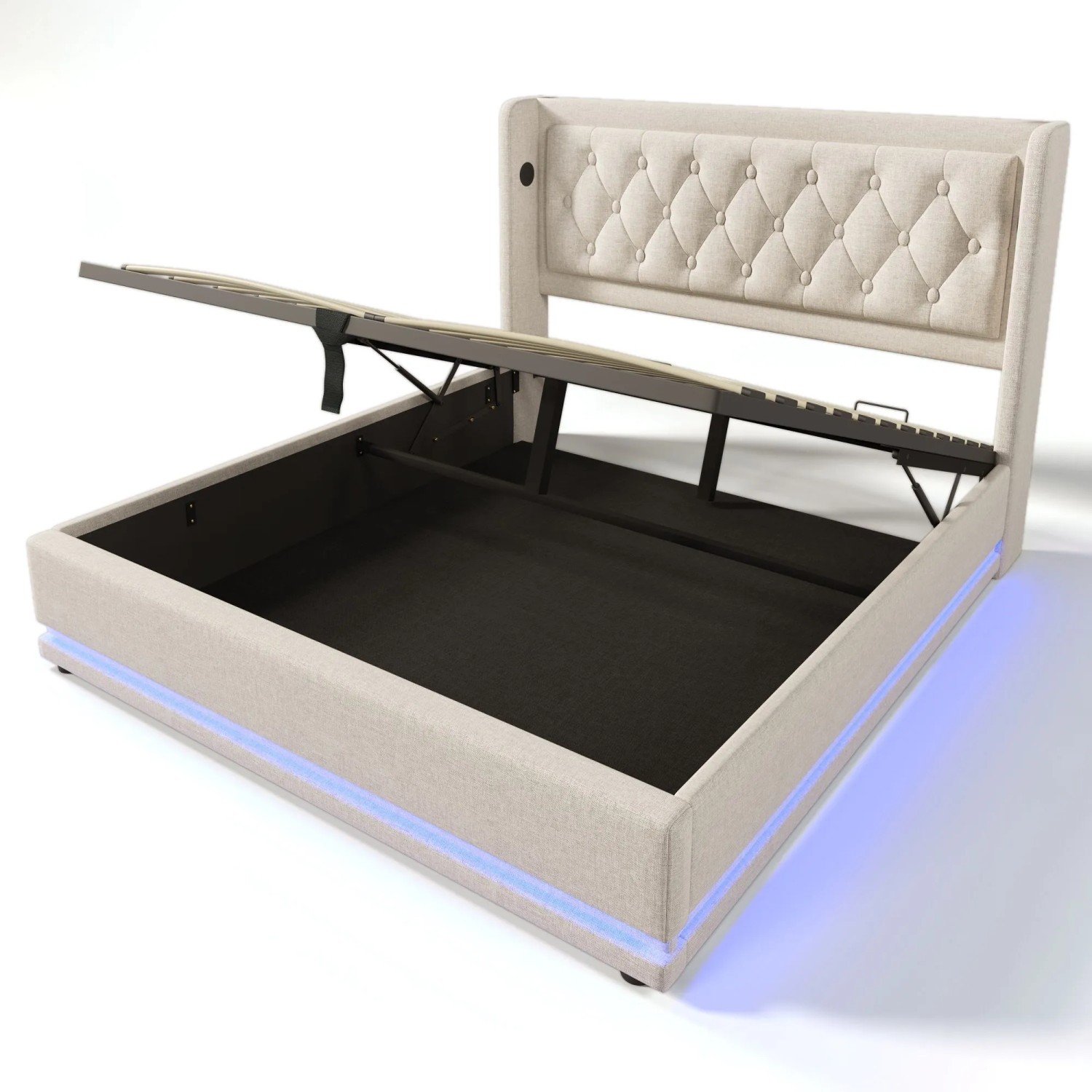 KOMHTOM Hydraulisch Gepolstertes Doppelbett 140x200Cm  Mit Led-Beleuchtung  Stauraum  Usb-Typ-C-Ladefunktion  Baumwolle  Beige  Ohne Matratze