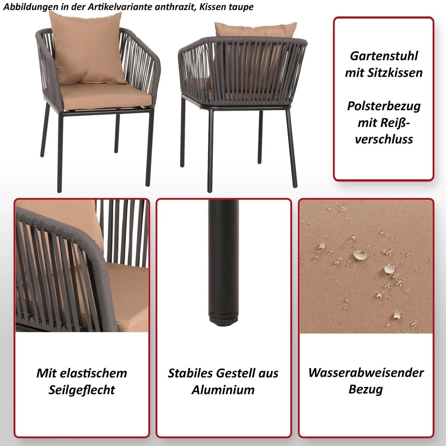 Zwei anthrazitfarbene Gartenstühle mit taupefarbenen, wasserabweisenden Kissen, Seilgeflecht und Aluminiumgestell.