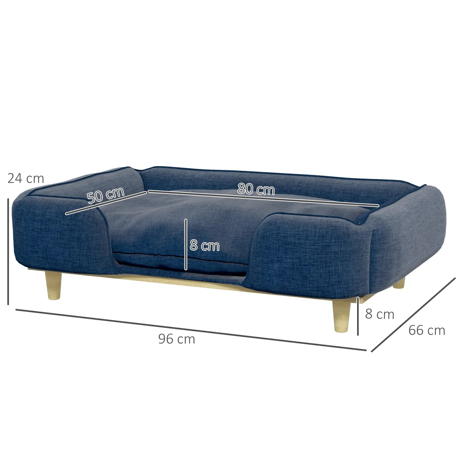 Blaues PawHut Hundesofa (96x66x24cm) mit Kissen und Holzbeinen, geeignet für große Hunde.