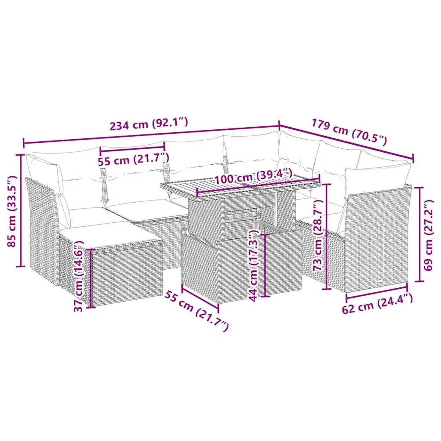 vidaXL 8-tlg. Garten-Sofagarnitur, beige Poly Rattan, mit Maßen. Ideal für Terrasse und Garten.