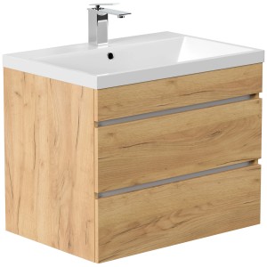 Posseik Badmöbel Fellini 70 in Eiche Gold mit Waschbecken und zwei grifflosen Schubladen.