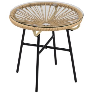 Beiger Outsunny Rattan Beistelltisch mit Glasplatte und schwarzem Metallgestell, 50x50x50cm.