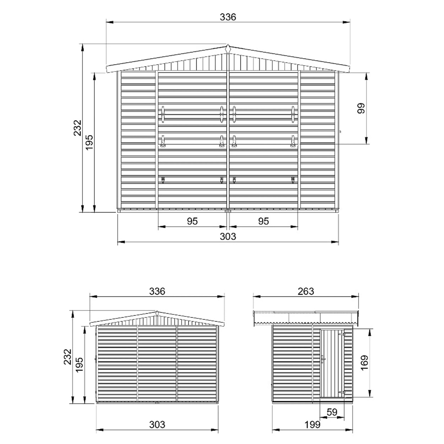 Technische Zeichnung: Timbela Marktbude Holz M150, 6,03 m², mit Maßen und Ansichten.