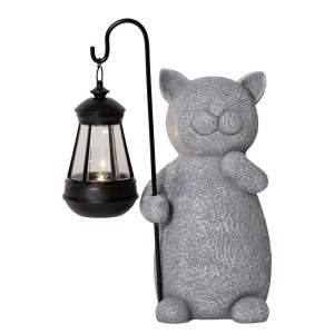 Graue LED-Solar-Deko Katze mit lächelndem Gesicht hält schwarze Laterne mit warmweißem Licht.