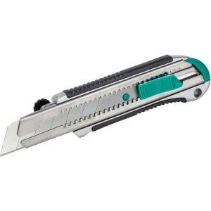 wolfcraft Profi-Abbrechklingenmesser 25 mm, Metallgehäuse mit grünen Akzenten und Abbrechklinge.