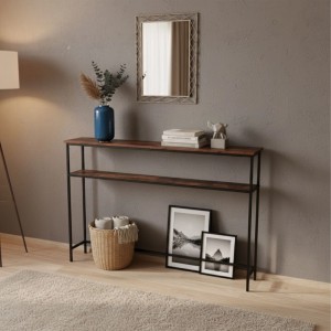 Relaxdays Konsolentisch MDF Eisen Braun Schwarz 2 Ablagen Höhenverstellbar 80 cm x 120 cm x 20 cm